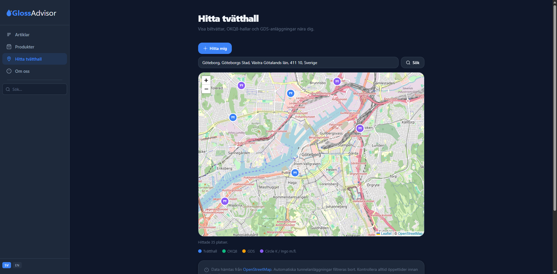 GlossAdvisor - hitta tvätthall