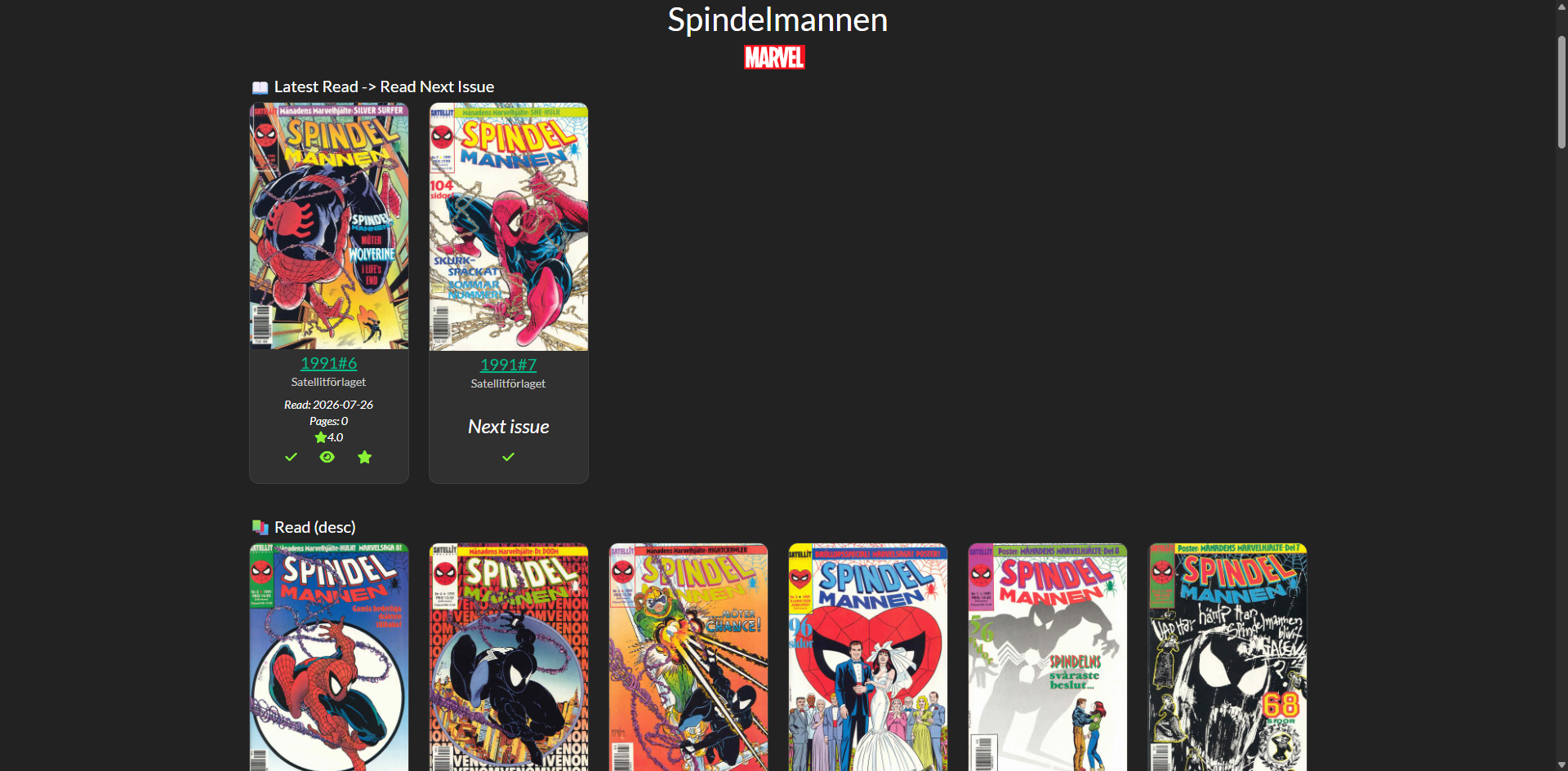 Spindelmannen, senast läst och nästa på kö
